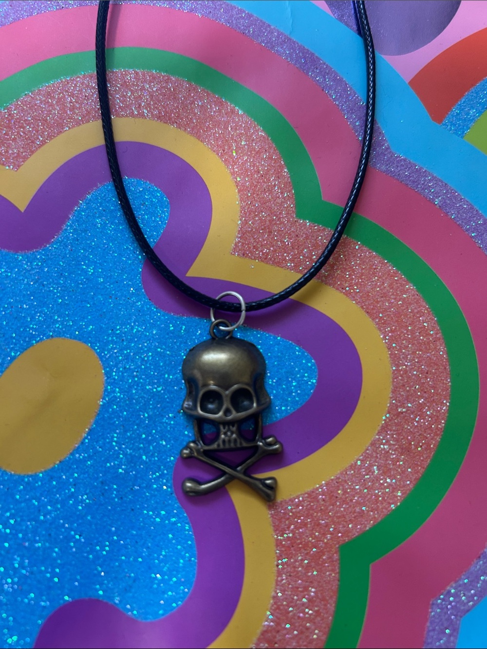 Kids Bronze Skull & Crossbones Pendant Necklace - Black Cord